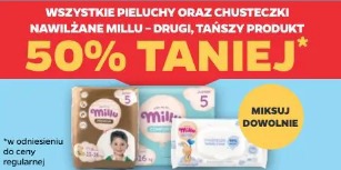 Wszystkie pieluchy oraz chusteczki nawilżane Millu drugi, tańszy produkt 50% taniej