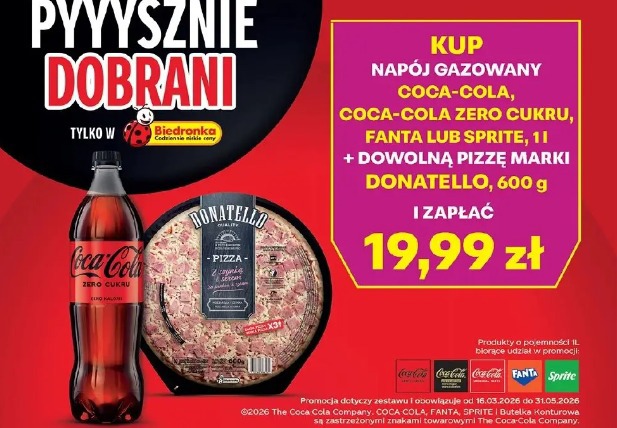 Coca-Cola, Coca-Cola Zero Cukru, Fanta, Sprite + dowolna pizza marki Donatello