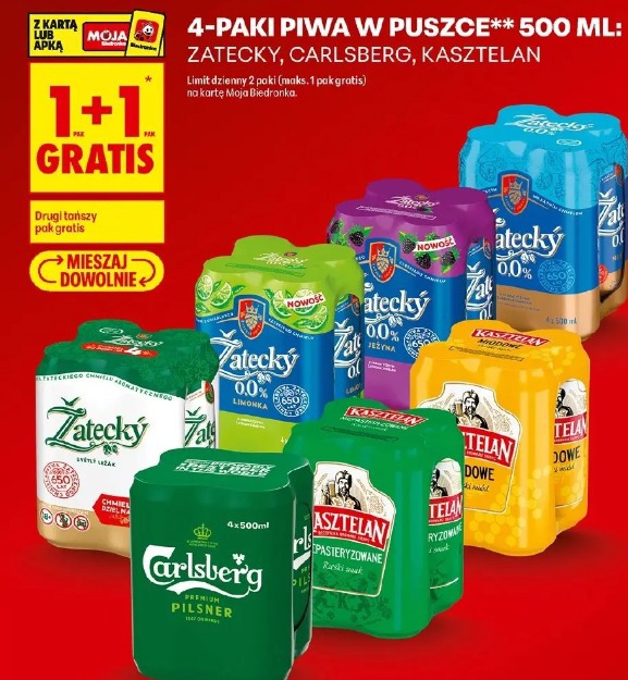 4-paki piwa w puszce Zatecky, Carlsberg, Kasztelan