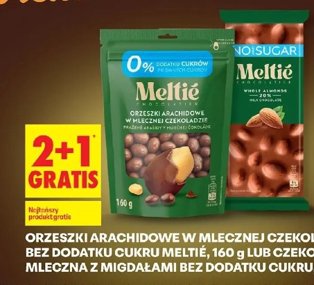 Meltie orzeszki arachidowe w mlecznej czekoladzie bez dodatku cukru lub czekolada mleczna z migdałami bez dodatku cukru