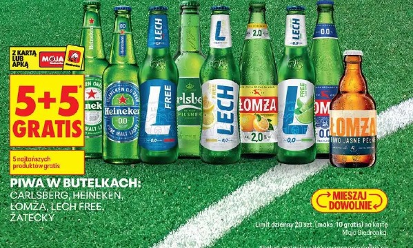 Piwa w butelkach: Carlsberg, Heineken, Łomża, Lech Free, Żatecky