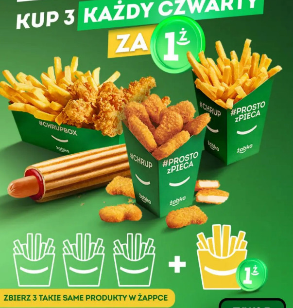 Produkty Żabka chrupbox, frytki, nuggetsy, stripsy, fileciki, mały hot-dog
