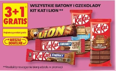 Wszystkie batony i czekolady Kit kat i Lion 3+1 gratis 
