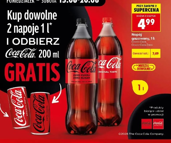 Kup dowolne 2 napoje 1 l i odbierz Coca-Cola 200 ml gratis