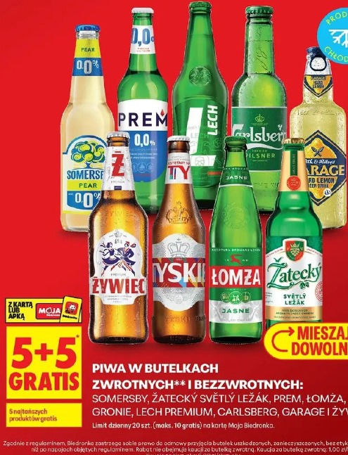 Somersby, Żatecky Světlý Ležák, Prem, Łomża, Tyskie Gronie, Lech Premium, Carlsberg, Garage, Żywiec piwa w butelkach zwrotnych i bezzwrotnych