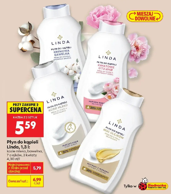 Linda płyn do kąpieli kozie mleko, bawełna, 7 olejków, 3 kwiaty