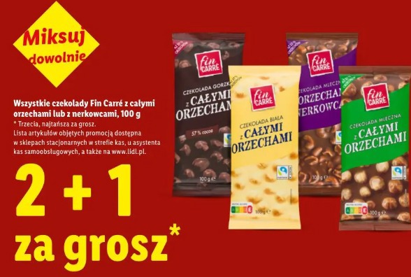 Czekolady Fin Carré z całymi orzechami lub z nerkowcami
