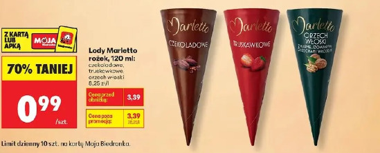 Lody Marletto rożek, 120 ml: czekoladowe, truskawkowe, orzech włoski