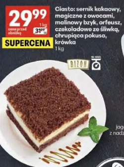 Ciasto: sernik kakaowy, magiczne z owocami, malinowy byzik, orfeusz, czekoladowe ze śliwką, chrupiąca pokusa, krówka