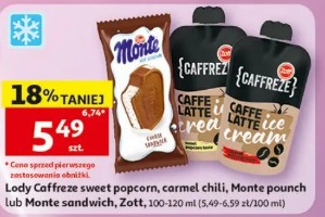 Lody Caffreze sweet popcorn, caramel chili, Monte pouch lub Monte sandwich Zott