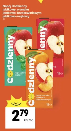 Napój Codzienny jabłkowy, o smaku jabłkowo-brzoskwiniowym, jabłkowo-miętowy