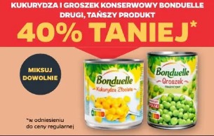 Kukurydza i groszek konserwowy Bonduelle drugi, tańszy produkt 40% taniej