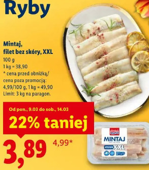 Mintaj, filet bez skóry, XXL
