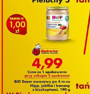 Hipp BIO deser owocowy po 4 m-cu jabłka i banany z biszkoptami