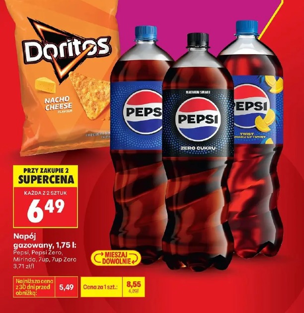 Napój gazowany, 1,75 l: Pepsi, Pepsi Zero, Mirinda, 7up, 7up Zero