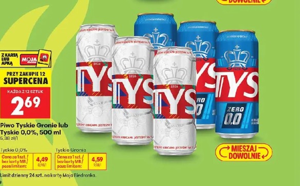 Piwo Tyskie Gronie lub Tyskie 0,0%, 500 ml