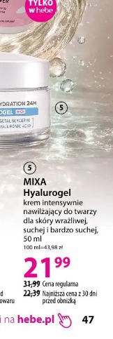 Mixa Hyalurogel krem intensywnie nawilżający do twarzy dla skóry wrażliwej, suchej i bardzo suchej