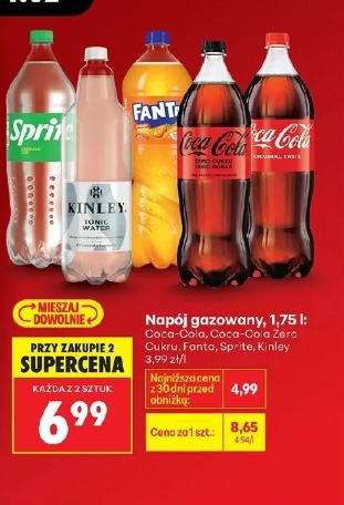 Napój gazowany, 1,75 l: Coca-Cola, Coca-Cola Zero Cukru, Fanta, Sprite, Kinley