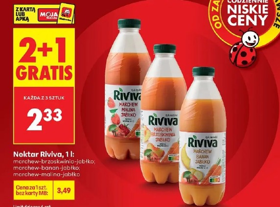 Nektar Riviva, 1 l: marchew-brzoskwinia-jabłko; marchew-banan-jabłko; marchew-malina-jabłko
