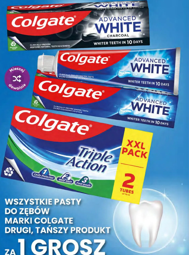 Wszystkie pasty do zębów marki Colgate drugi, tańszy produkt za 1 grosz