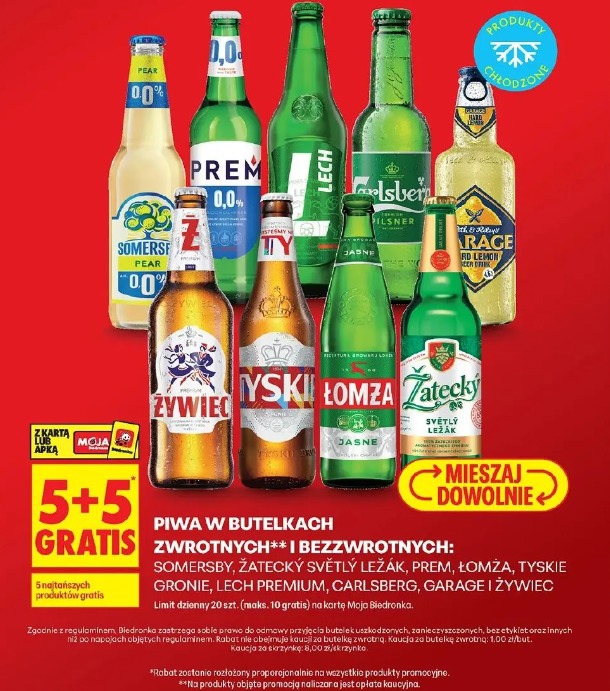 Somersby, Żatecky Světlý Ležák, Prem, Łomża, Tyskie Gronie, Lech Premium, Carlsberg, Garage, Żywiec piwa w butelkach zwrotnych i bezzwrotnych