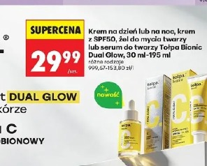 Krem na dzień lub na noc, krem z SPF50, żel do mycia twarzy lub serum do twarzy Tołpa Bionic Dual Glow