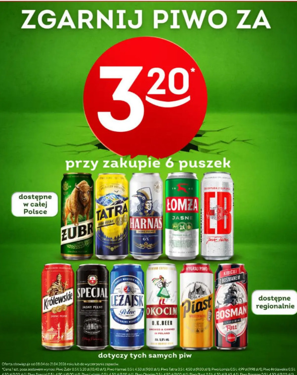 Piwo Żubr, Tatra, Harnaś, Łomża, EB, Królewskie, Specjal, Leżajsk, Okocim, Piast, Bosman