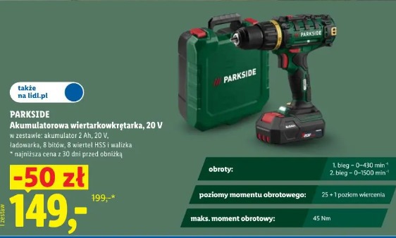 Parkside Akumulatorowa wiertarkowkrętarka, 20 V