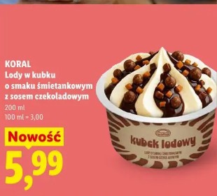 KORAL Lody w kubku o smaku śmietankowym z sosem czekoladowym