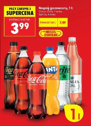 Napój gazowany, 1 l: Coca-Cola, Fanta, Sprite, Kinley