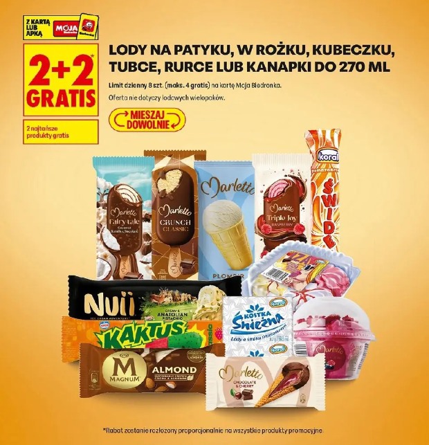 Lody na patyku, w rożku, kubeczku, tubce, rurce lub kanapki do 270 ml
