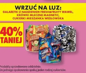 Galaretki z nadzieniem Fresh&Fruity Wawel, krówki mleczne Magnetic, cukierki Mieszanka Wedlowska