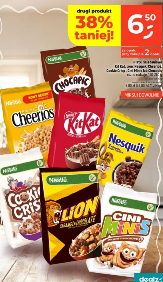 Płatki śniadaniowe Kit Kat, Lion, Nesquik, Cheerios, Cookie Crisp, Cini Minis lub Chocapic