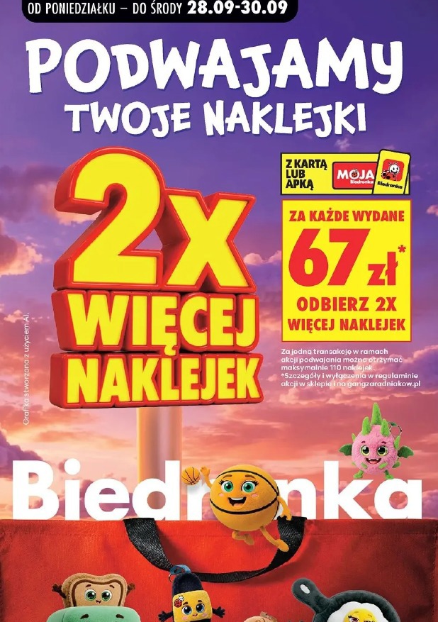 2x więcej naklejek za każde wydane 67 zł z kartą lub apką Moja Biedronka
