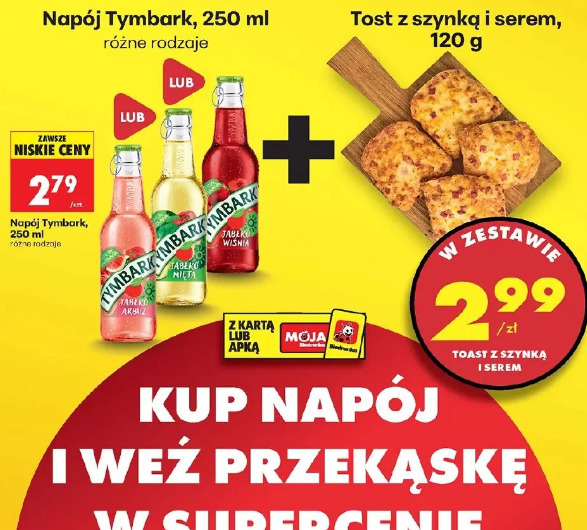 Napój Tymbark + tost z szynką i serem