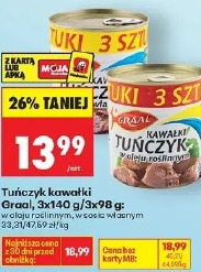 Tuńczyk kawałki Graal, 3x140 g/3x98 g w oleju roślinnym, w sosie własnym