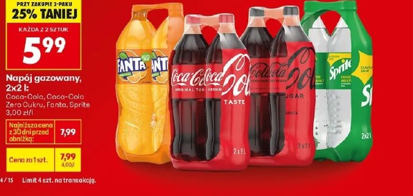 Napój gazowany, 2x2 l: Coca-Cola, Coca-Cola Zero Cukru, Fanta, Sprite