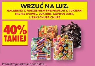 Galaretki z nadzieniem Fresh&Fruity, cukierki trufle Wawel, cukierki Mentos Mini, lizaki Chupa Chups