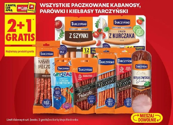 Wszystkie paczkowane kabanosy, parówki i kiełbasy Tarczyński 2+1