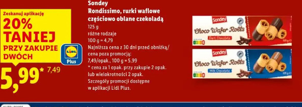 Sondey Rondissimo, rurki waflowe częściowo oblane czekoladą
