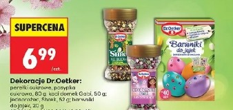 Dekoracje Dr.Oetker: perełki cukrowe, posypka cukrowa, kod domnek Gabi, Shrek, barwniki do jajek