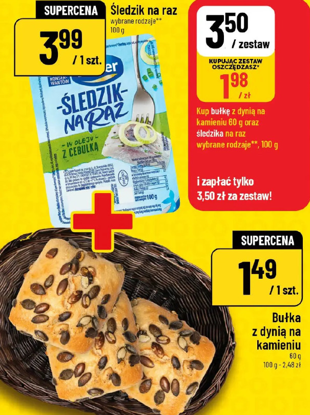 Zestaw śledzik na raz + bułka z dynią na kamieniu