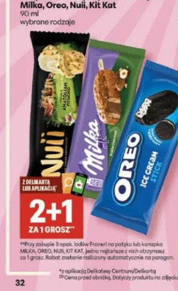 Lody Froneri na patyku lub kanapka Milka, Oreo, Nuii, Kit Kat