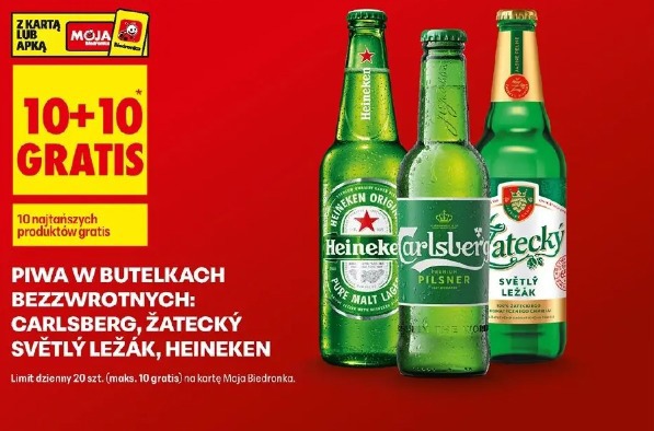Piwa w butelkach bezzwrotnych: Carlsberg, Żatecky Světlý Ležák, Heineken