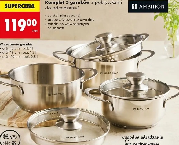 Komplet 3 garnków z pokrywkami do odcedzania Ambition