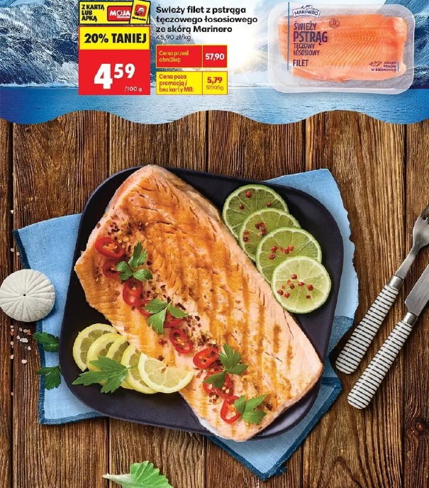 Świeży filet z pstrąga tęczowego łososiowego ze skórą Marinero