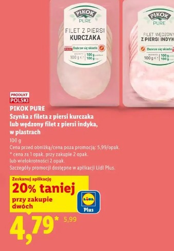 Pikok Pure Szynka z fileta z piersi kurczaka lub wędzony filet z piersi indyka, w plastrach