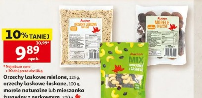 Orzechy laskowe mielone, orzechy laskowe łuskane, morele naturalne lub mieszanka żurawiny z nerkowcem Auchan
