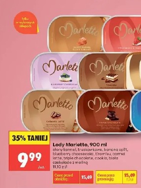 Lody Marletto, 900 ml słony karmel, truskawkowe, banana split, blueberry cheesecake, tiramisu, caramel latte, triple chocolate, cookie, biała czekolada z maliną