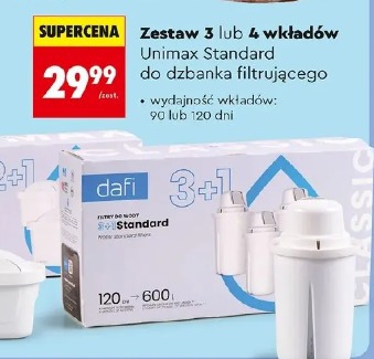 Zestaw 3 lub 4 wkładów Unimax Standard do dzbanka filtrującego Dafi